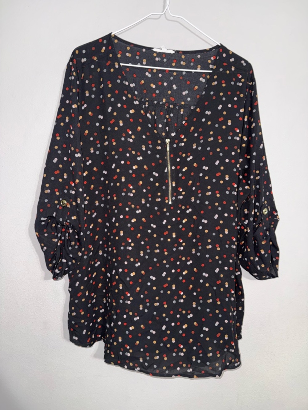 Maurices Women’s Black Polka Dot Blouse with Front Zip XXL EUC
